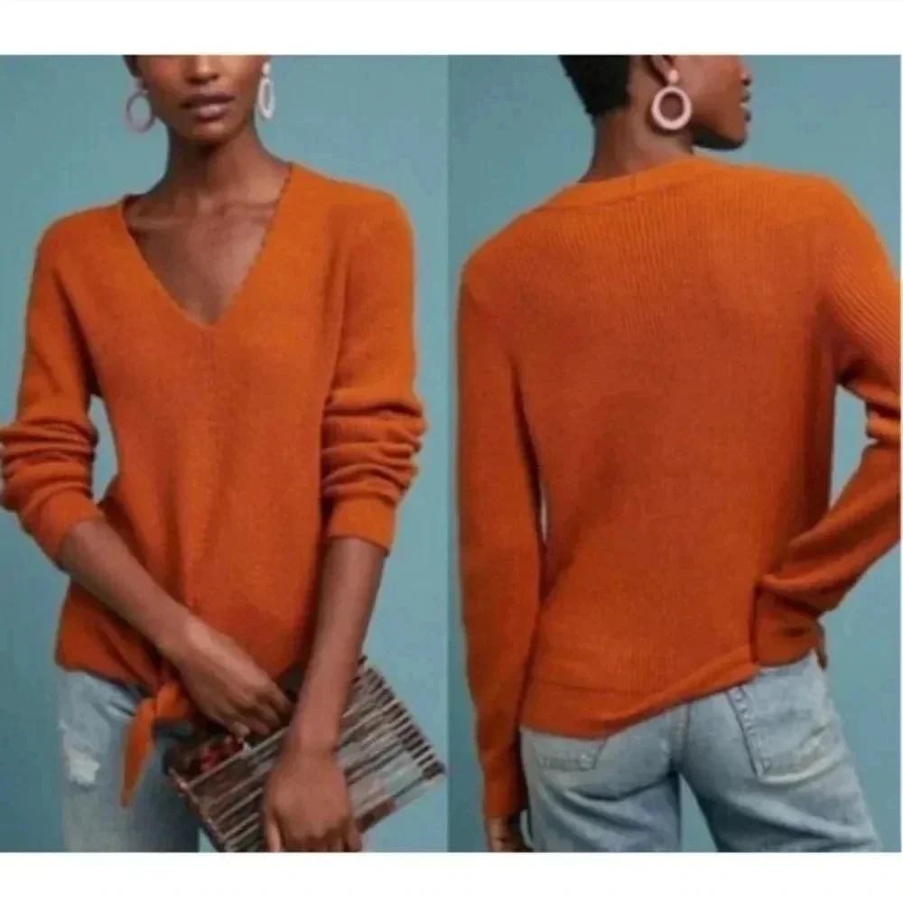 Anthropologie Moth Freeport Rust Orange Front Tie Knot V-Neck Ribbed Sweater(M)
